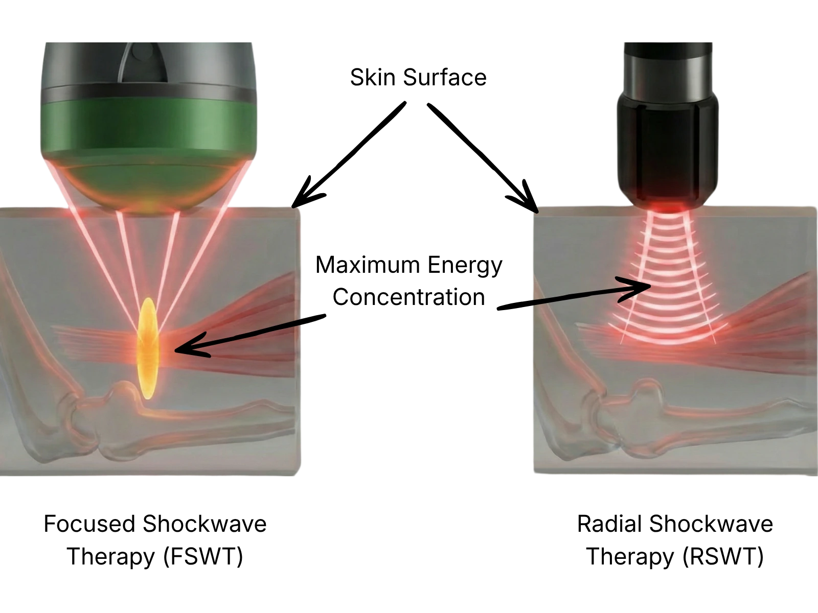 Le onde d'urto focalizzate raggiungono tessuti più profondi, mentre le onde radiali agiscono in modo più superficiale