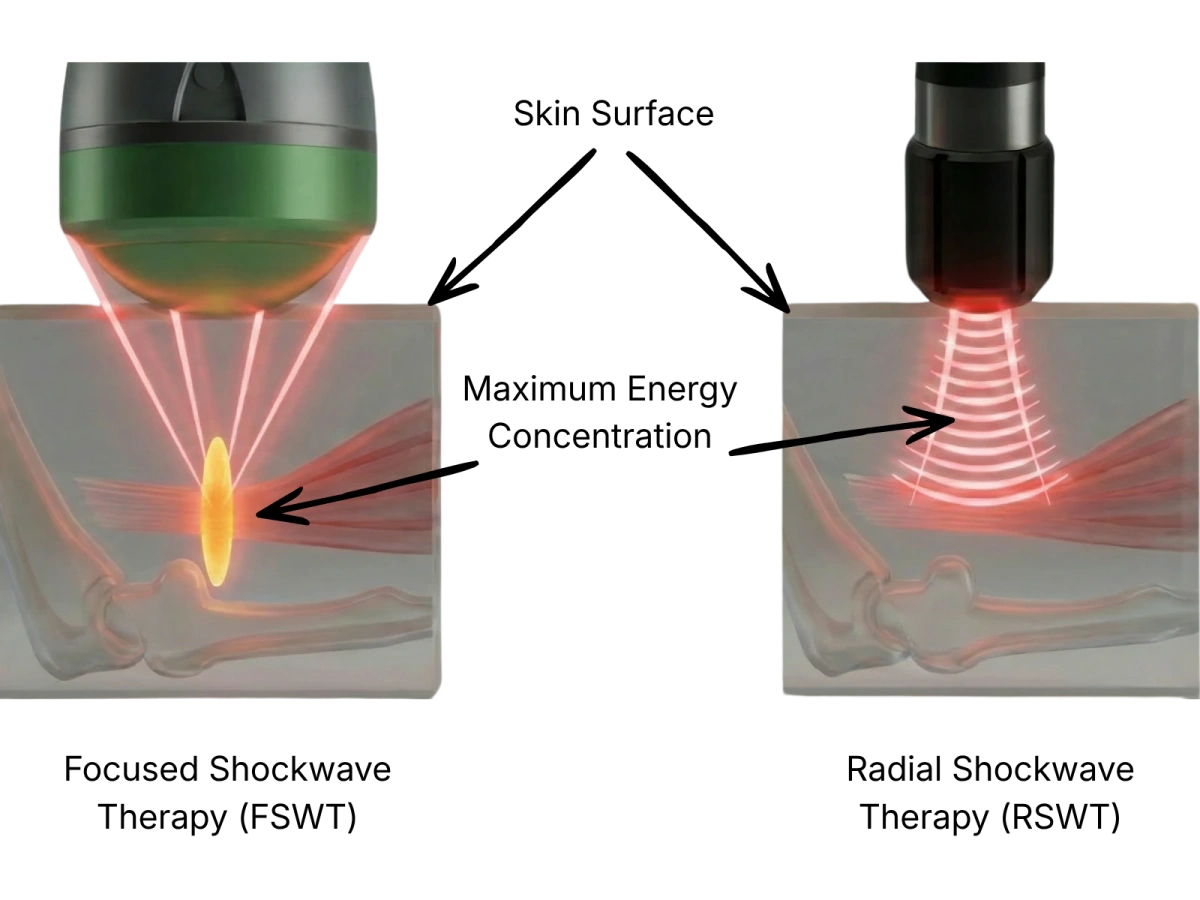 Focused shockwaves reach deeper tissues, while radial shockwaves act more superficially